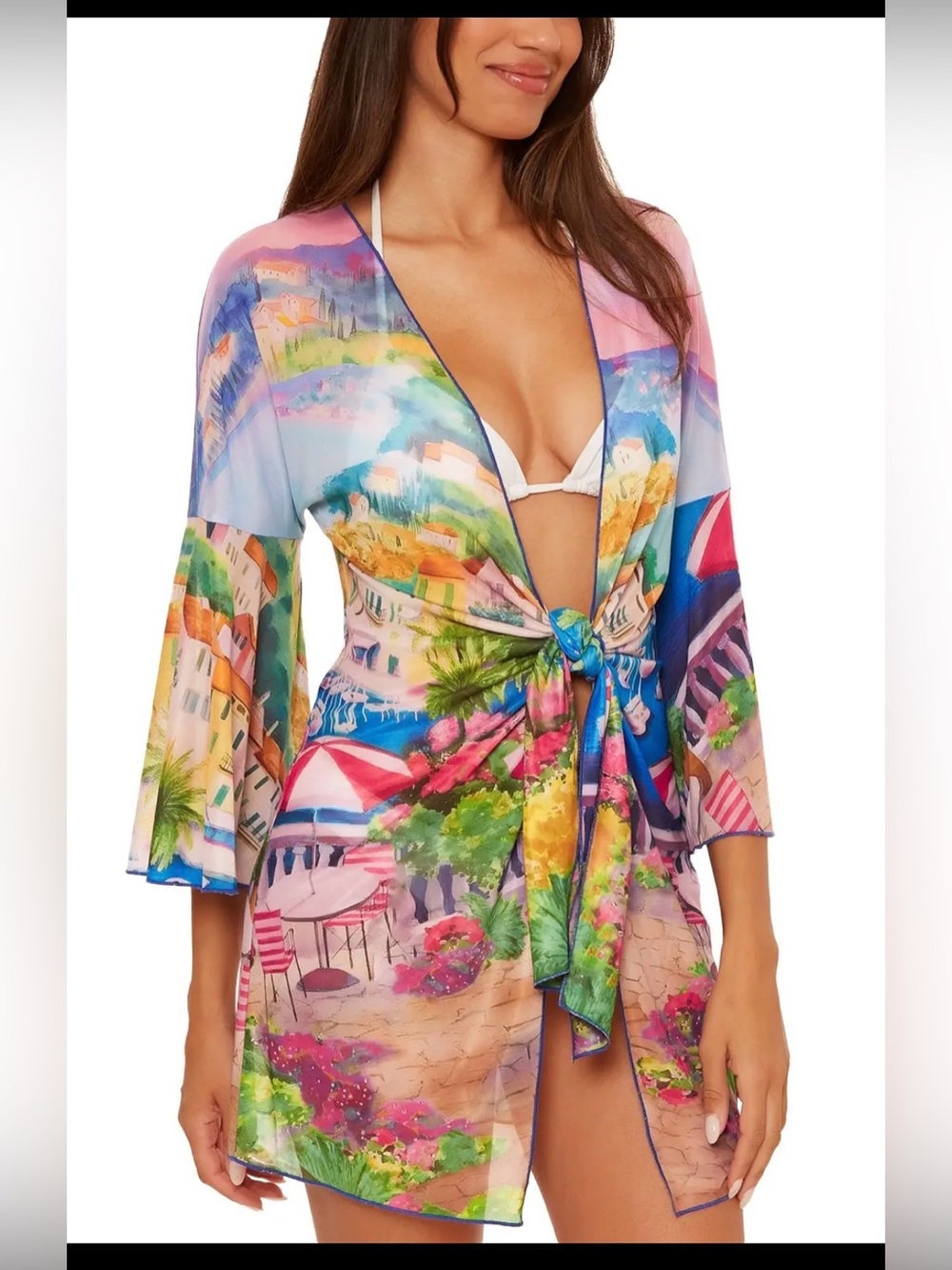 BECCA Positano Multicolor Mesh Kimono Tie-Front Beach Cover-Up NEW